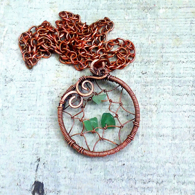 Copper Wire Wrap Dream Catcher Necklace Green Aventurine Chip Etsy