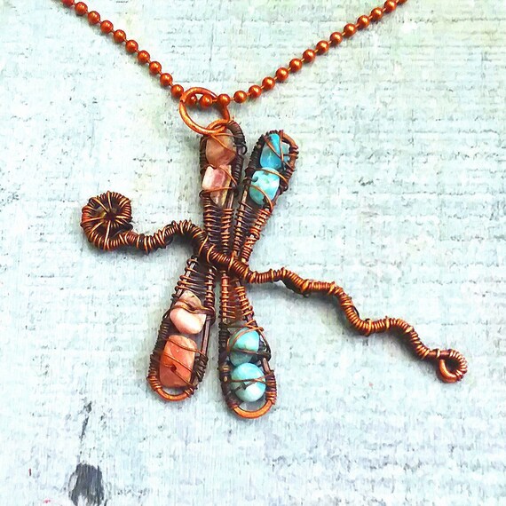 Dragonfly Necklace, copper wire wrapped, turquoise colored & rhodonite stone, meaningful jewelry, handmade pendant, Rocky Road Jewelry