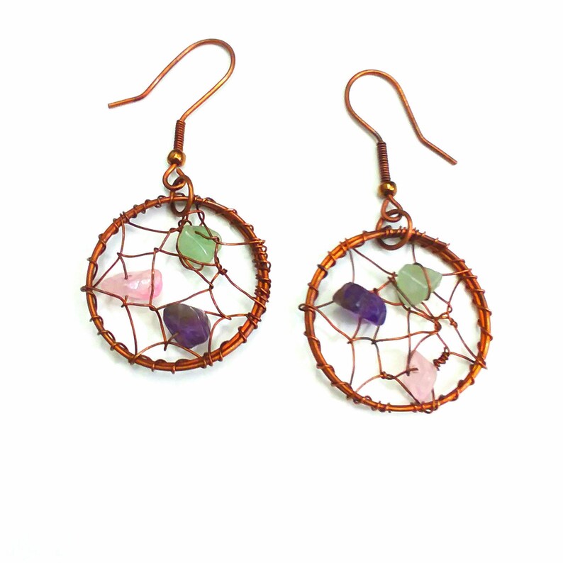 amethyst purple chip stones rose quartz chip stones green aventurine chip stones Copper Dream Catcher Earrings Rocky Road Jewelry