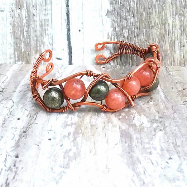 Cuff Beaded Copper Bracelet, peach sunstone natural stone & sesame jasper natural stone beads, wire wrapped cuff, Rocky Road Jewelry