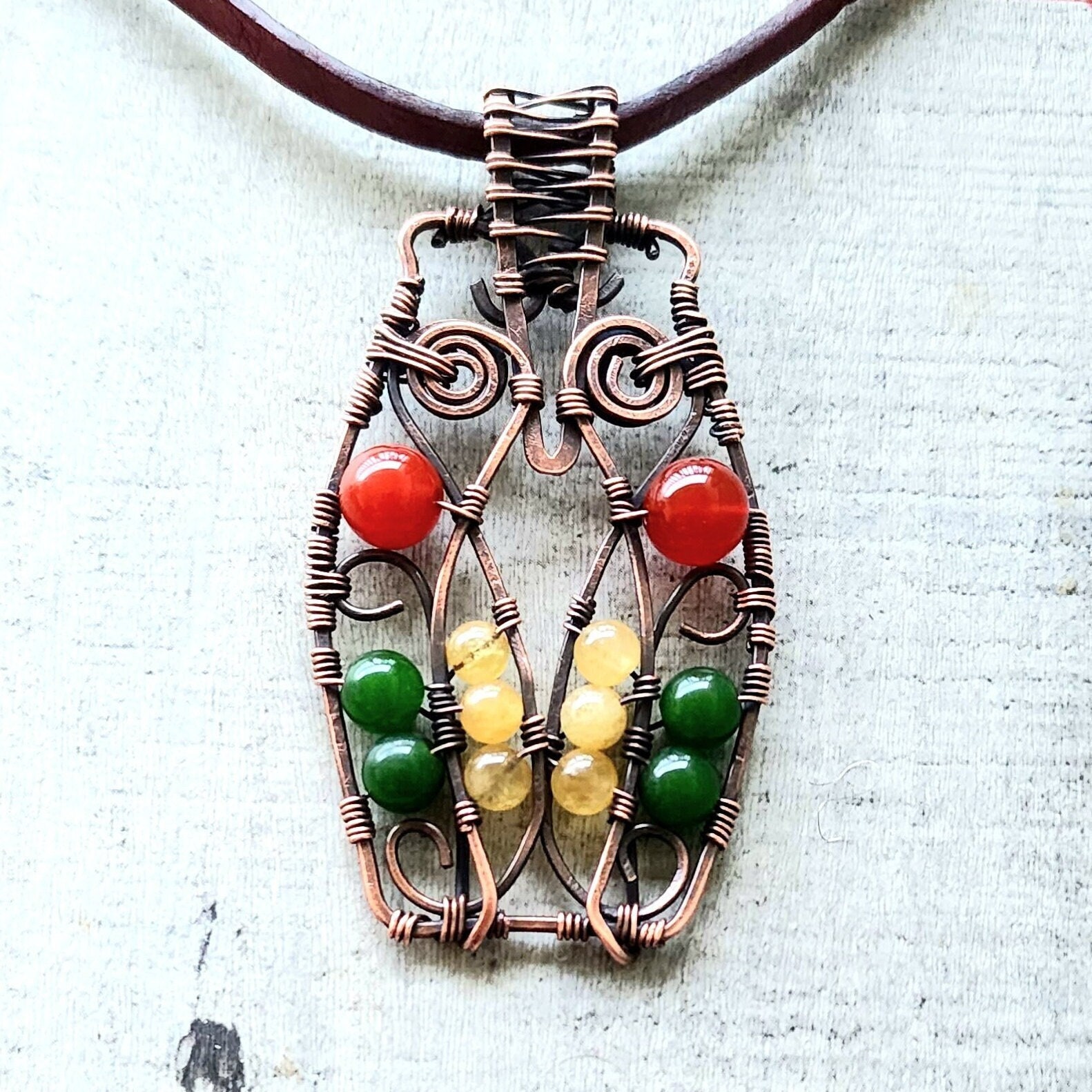 Owl Wire Wrap Necklace, handmade copper pendant, bohemian owl art, crystal beaded, natural stone boh