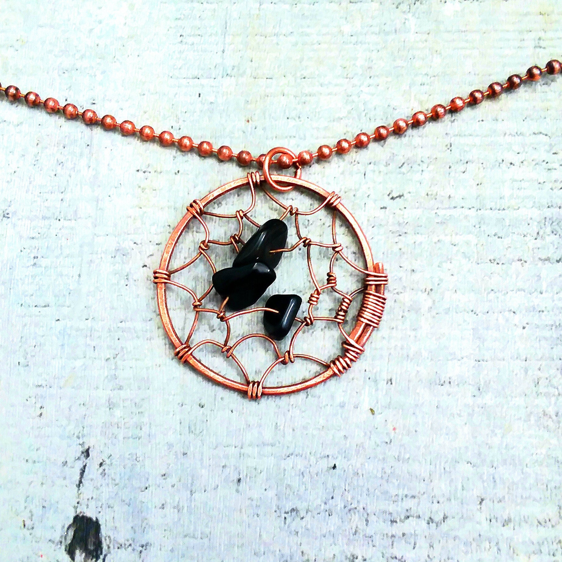 Copper Wire Wrap Dream Catcher Necklace 3 black obsidian chip Etsy