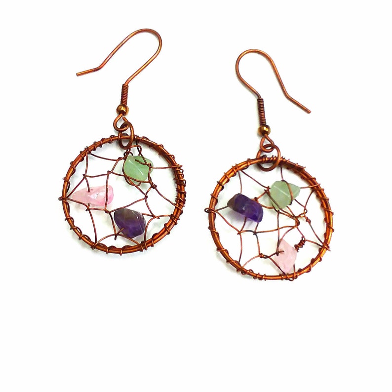 amethyst purple chip stones rose quartz chip stones green aventurine chip stones Copper Dream Catcher Earrings Rocky Road Jewelry