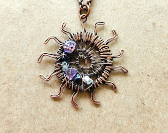 Crystal Sun Necklace, copper wire wrapped amethyst iolite & herkimer diamond chip stones, copper crystal jewelry, Rocky Road Jewelry
