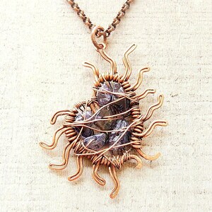Iolite Stone Heart Pendant, wire wrapped copper, handmade open heart necklace with violet chip gemstones, bohemian gift for Valentines day