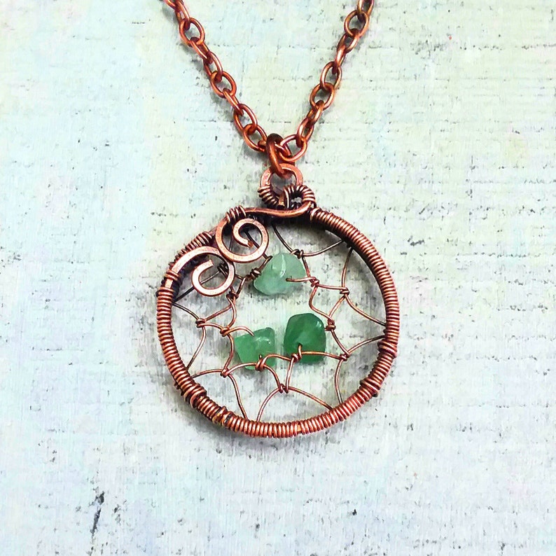 Copper Wire Wrap Dream Catcher Necklace Green Aventurine Chip Etsy