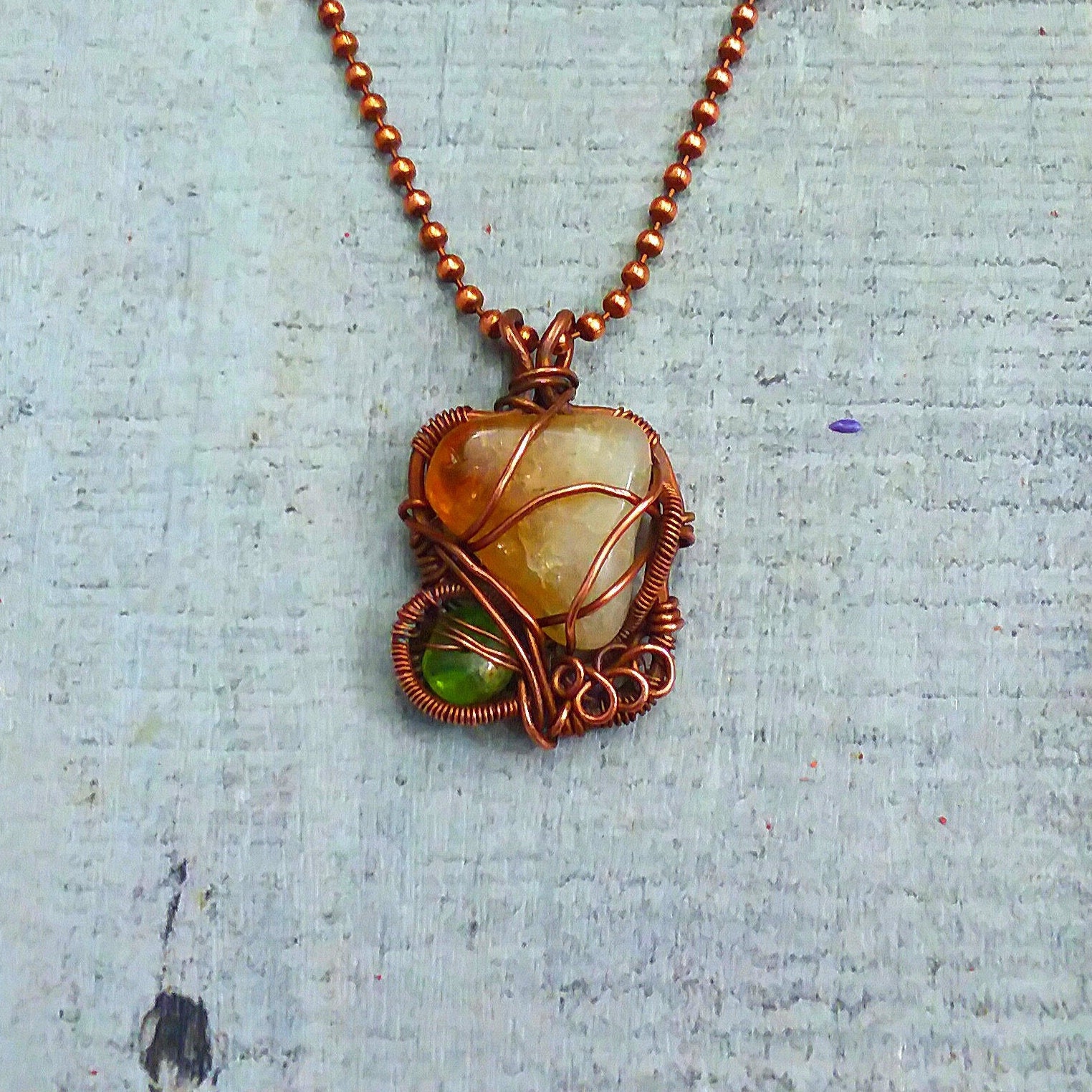 Copper Wire Wrapped Necklace citrine tumbled stone & peridot | Etsy