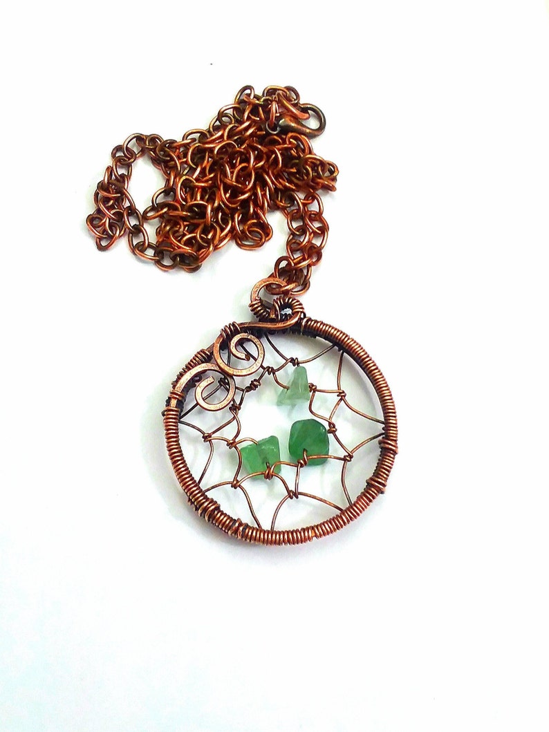 Copper Wire Wrap Dream Catcher Necklace Green Aventurine Chip Etsy