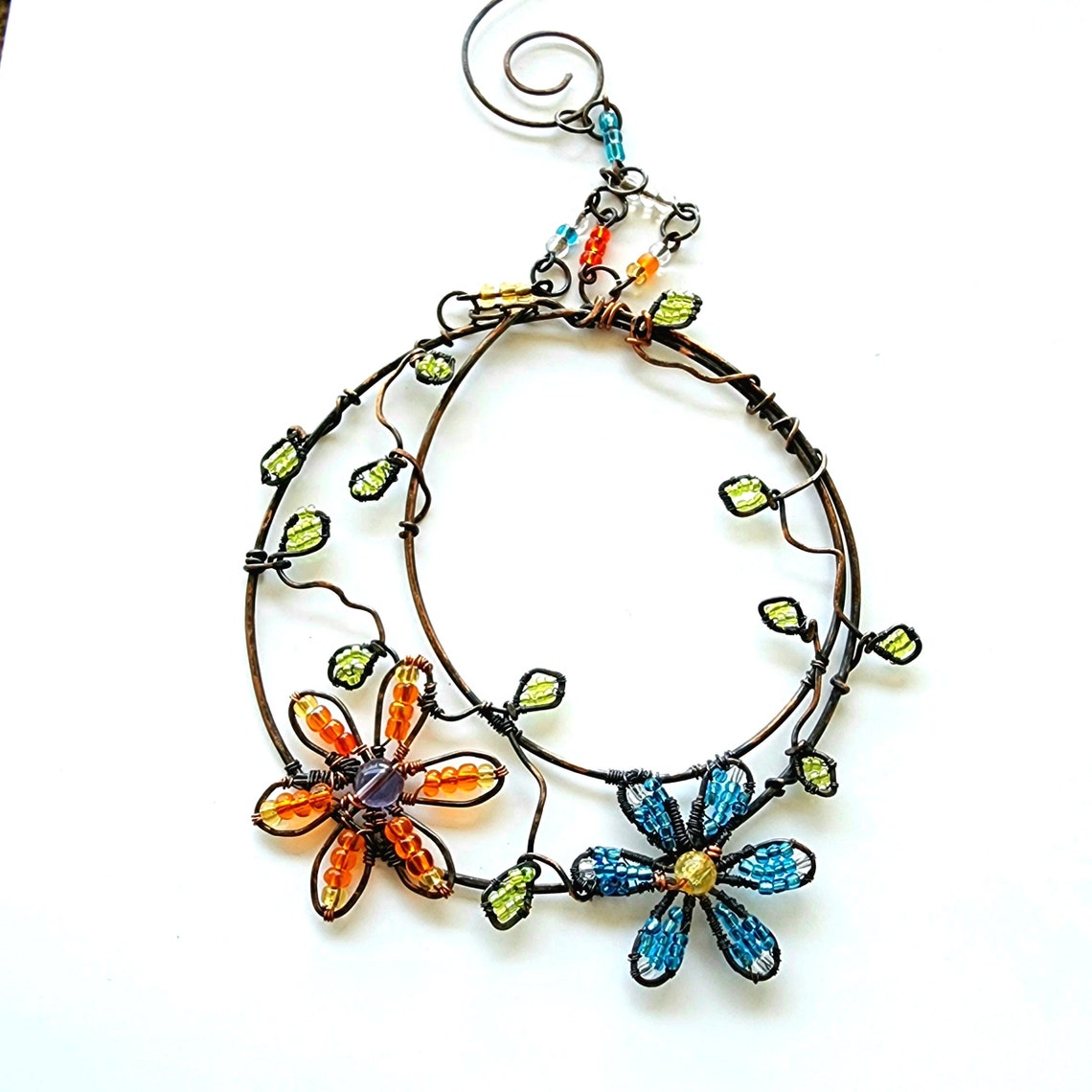 Moon and Flowers, Handmade Suncatcher, Window Sun Catcher, Copper Wire