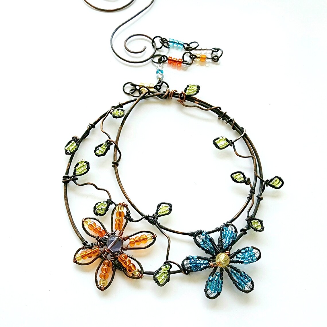 Moon and Flowers, Handmade Suncatcher, Window Sun Catcher, Copper Wire