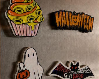 Set of 4 Holographic Halloween Fridge Magnets, Ghost, Cupcake, Bat and Spooky Sign Decor