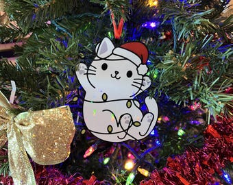Shiny Holiday Cat Ornament – Holographic Kitty Decor |3-PACK|