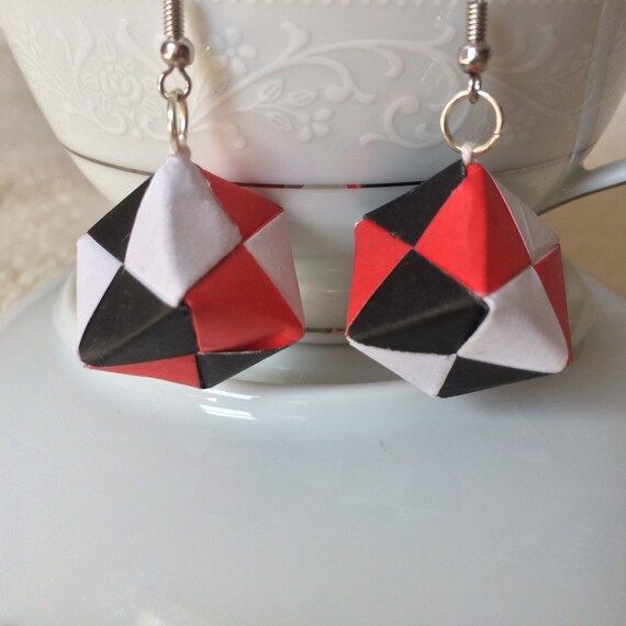 Red Black And White Origami Dangly Earrings