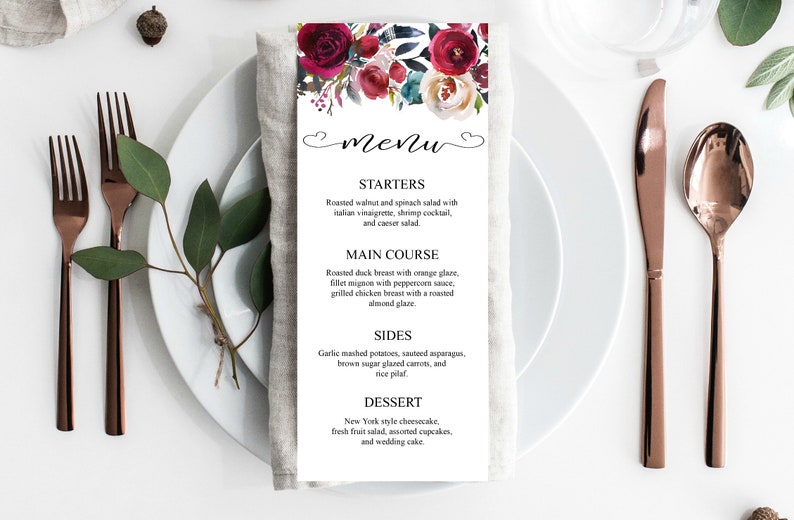Boho Wedding Menu Template editable burgundy wedding signs printable reception decorations m200