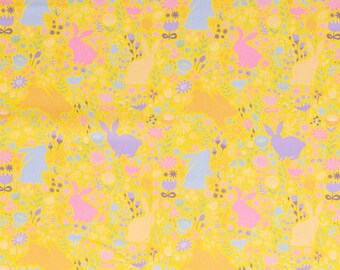 Happy Easter, cotton woven fabric, Easter fabric, bunnies, flowers, yellow, pink, lilac