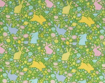 Happy Easter, cotton woven fabric, Easter fabric, rabbits, flowers, green, rose, light blue