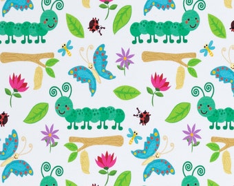 Swafing, Jersey Theo, caterpillar and butterflies, white-grounded, colourful spring fabric