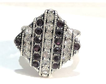 New Ring Purple Clear Silver Tone Rhinestones Stretch Band Art Deco Style Square