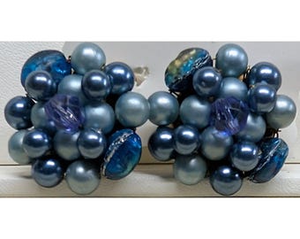 Vintage Japan Beaded Cluster Clip On Earrings Blue Faux Pearl Crystal Handmade