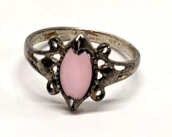 Vtg New Old Stock Tarnished 925 Sterling Silver Ring Sz 7 Pink Cat Eye Filigree
