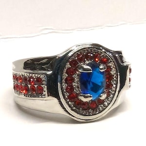 New Oval Faux Sapphire Ruby Rhinestone Signet Statement Ring Size 8 Silver Tone