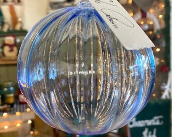 Icy Blue Vertical Stripe Hand Blown Glass Ornament