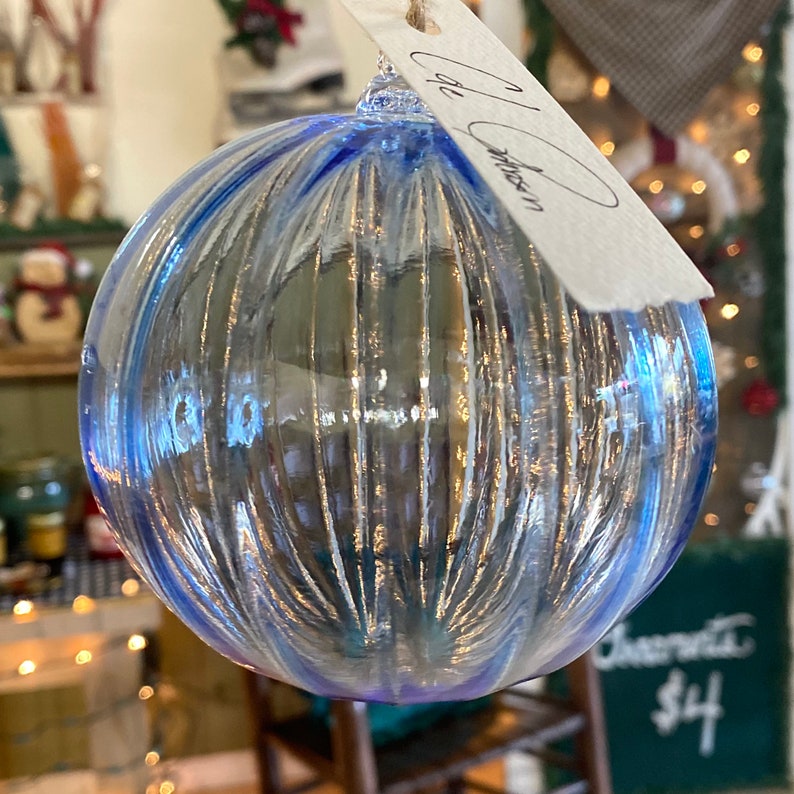Icy Blue Vertical Stripe Hand Blown Glass Ornament