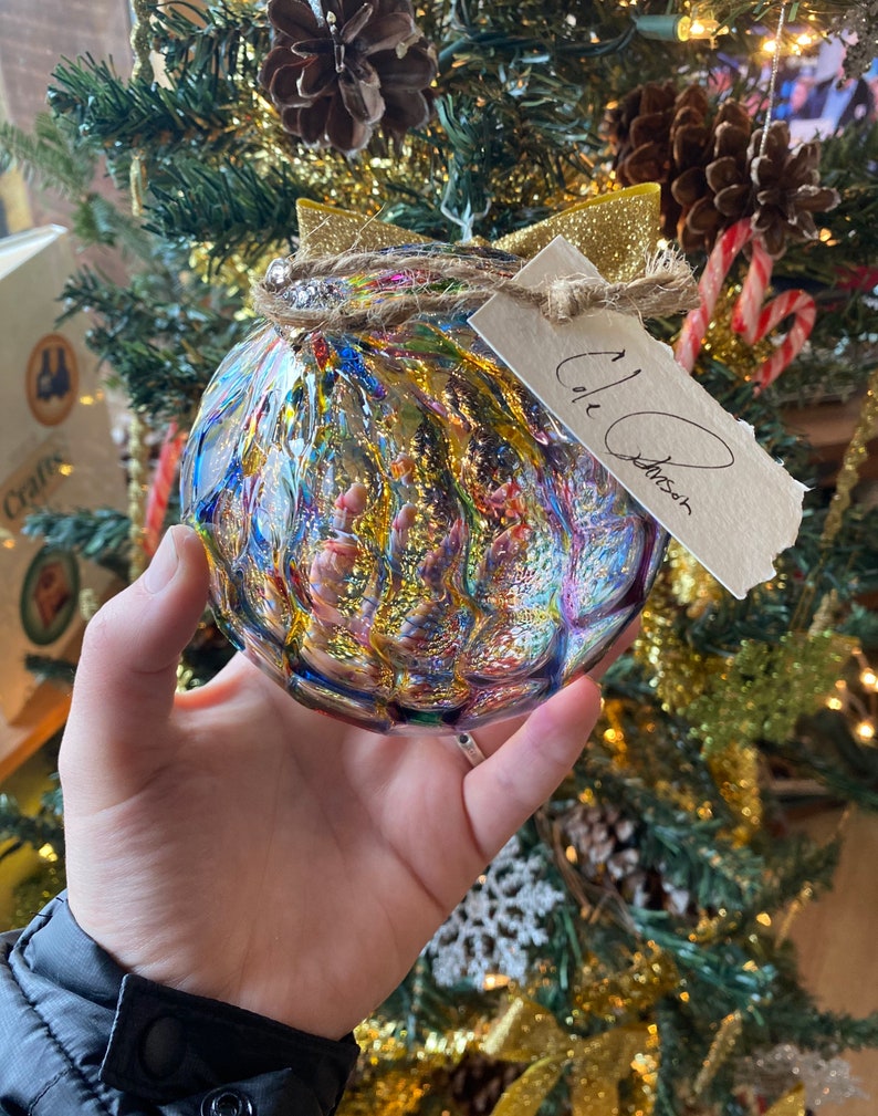 Icy Blue Vertical Stripe Hand Blown Glass Ornament