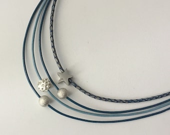 Collar de cadena de cuero con purpurina para mujer, azul antiguo