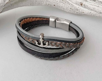 Leather bracelet with gray anchor