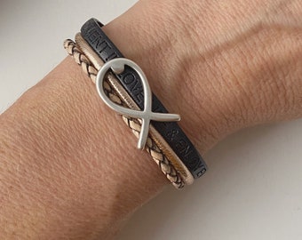 Pulsera de cuero con pez, oro rosa grisáceo, regalo de Confirmación, Primera Comunión o Bautismo.
