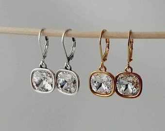 Earrings with square rhinestone crystal in silver and gold colors