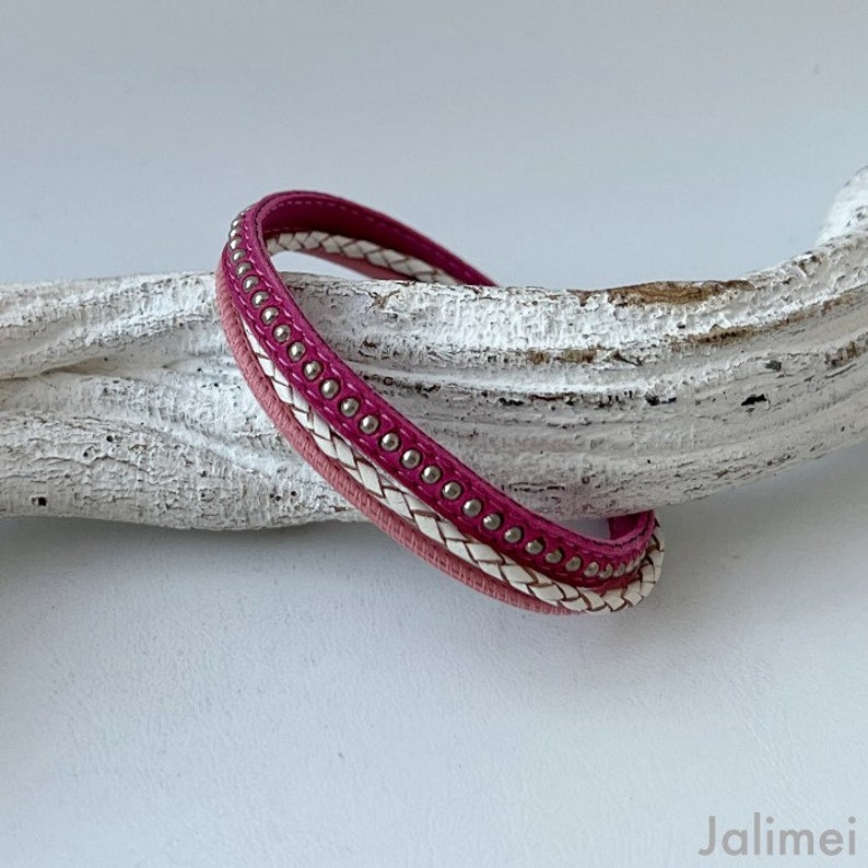 simple leather bracelet with chainball pink pink white image 3