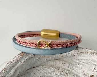 Leather bracelet, gold-colored fish, light blue and pink, Confirmation, Communion, Baptism gift