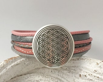 Bracelet leather flower of life pink gray