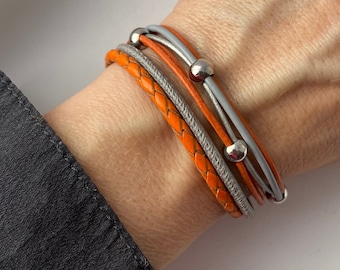 Leather bracelet orange gray magnetic clasp