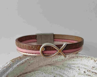 Bracelet leather fish beige pink confirmation gift