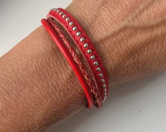 Bracelet Leather Chainball red