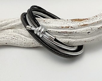 Wickelarmband Leder mit Knoten schwarz silber