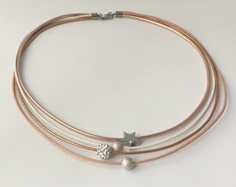 Chain leather necklace glitter with star rose gold