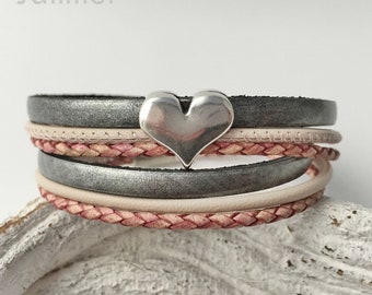 Leather wrap bracelet with pink heart