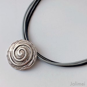 Leather necklace for women with spiral pendant, black and grey