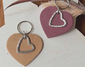 Leather heart key ring, brown burgundy