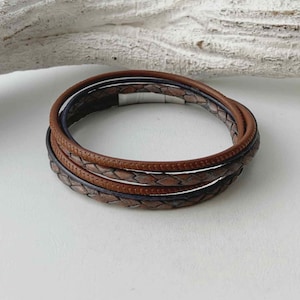 Wikkelarmband, leer, gevlochten, blauw, grijs, bruin