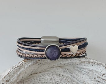 Armband Leder mit Cabochon und Herz blau beige