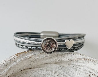 Armband Leder mit Cabochon und Herz grau silber