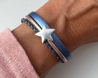 Leren armband met ster blauw rosé goud