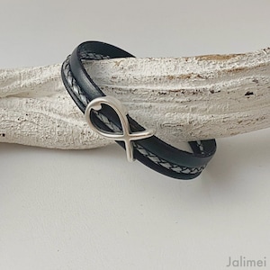 Armband Leder mit Fisch schwarz grau Konfirmation Kommunion Taufe Geschenk