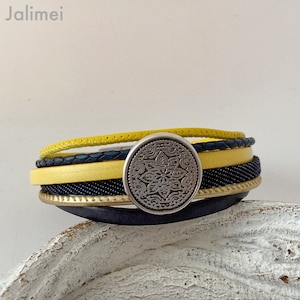 Bracelet Cuir Mandala jaune bleu