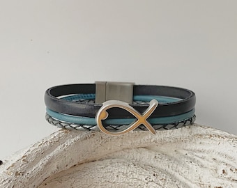 Armband Leder mit Fisch Konfirmation Kommunion Taufe anthrazit blau Geschenk